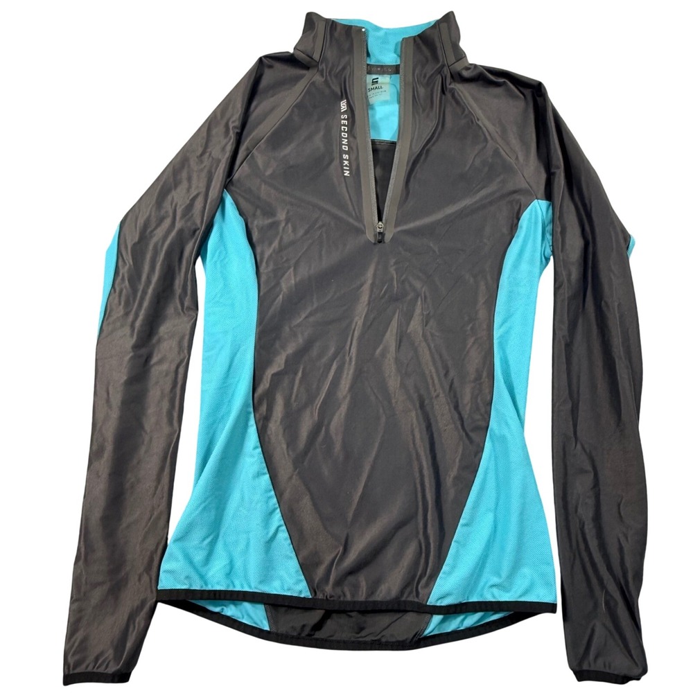 Second Skin Womens Small Quarter Zip Long Sleeve Athletic Top Grey Turquoise EUC